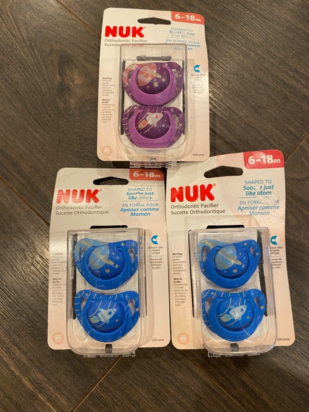NWT NUK 6-18m Orthodontic Pacifiers - Blue and Purple (3 Pack) 4:28
